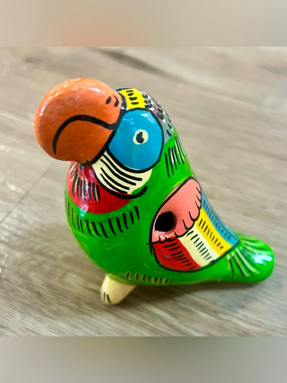 VTG Costa Rica Clay Bird Whistle Ocarina Hand Painted Toucan Parrot Folk Art